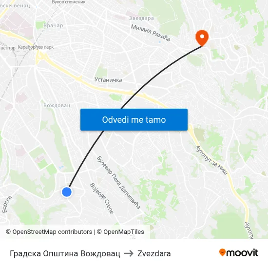 Градска Општина Вождовац to Zvezdara map