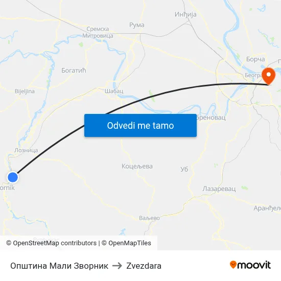 Општина Мали Зворник to Zvezdara map