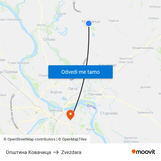 Општина Ковачица to Zvezdara map