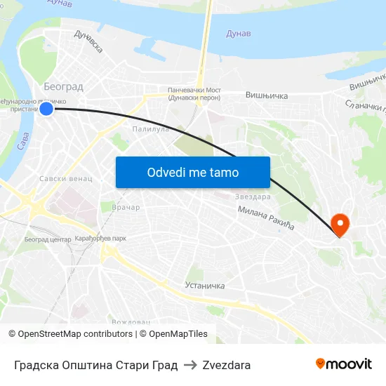 Градска Општина Стари Град to Zvezdara map