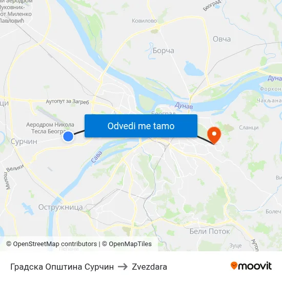 Градска Општина Сурчин to Zvezdara map