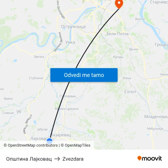 Општина Лајковац to Zvezdara map