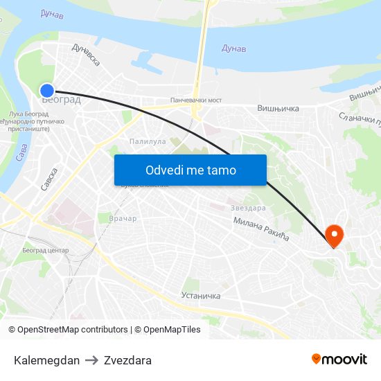 Kalemegdan to Zvezdara map