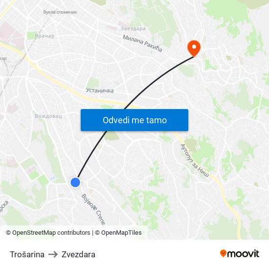 Trošarina to Zvezdara map
