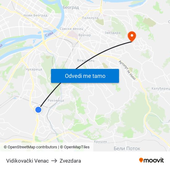 Vidikovački Venac to Zvezdara map