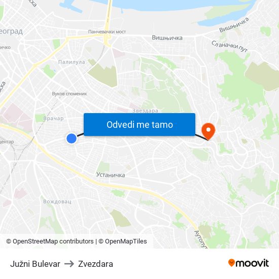 Južni Bulevar to Zvezdara map