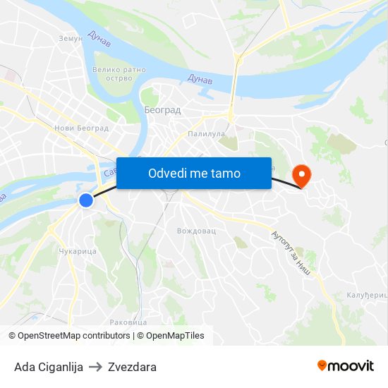 Ada Ciganlija to Zvezdara map