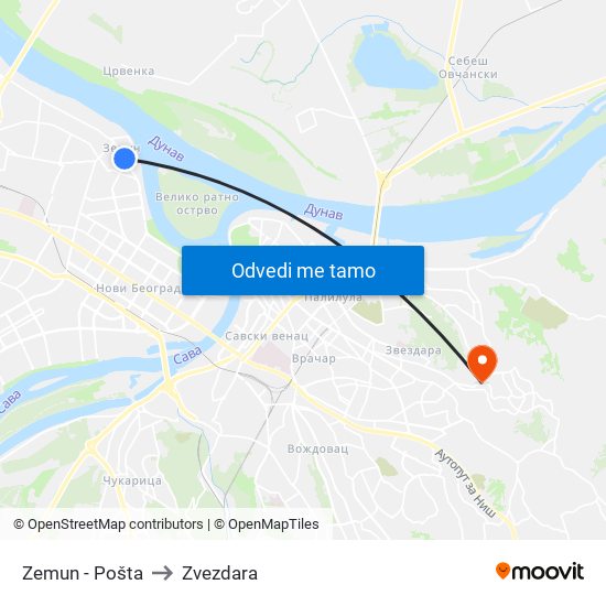 Zemun - Pošta to Zvezdara map