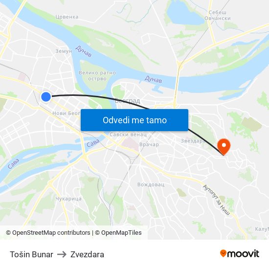 Tošin Bunar to Zvezdara map
