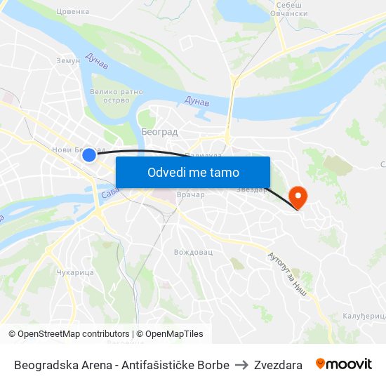 Beogradska Arena - Antifašističke Borbe to Zvezdara map