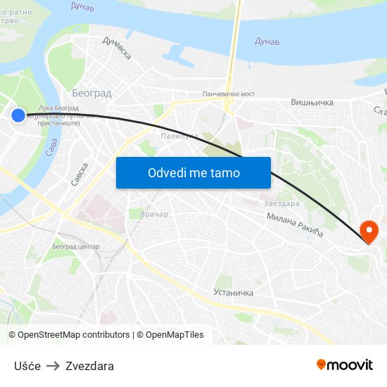 Ušće to Zvezdara map