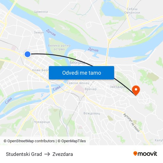 Studentski Grad to Zvezdara map