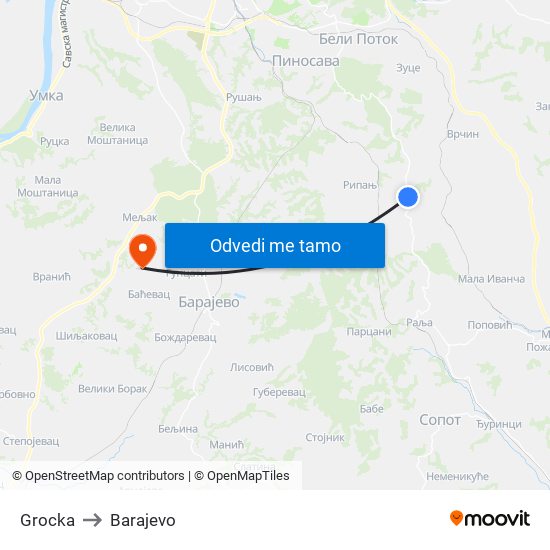 Grocka to Barajevo map