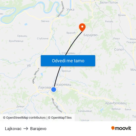 Lajkovac to Barajevo map