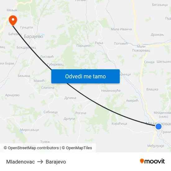 Mladenovac to Barajevo map