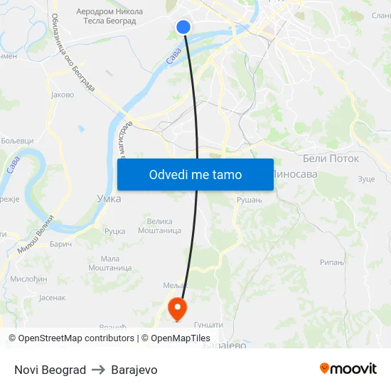 Novi Beograd to Barajevo map