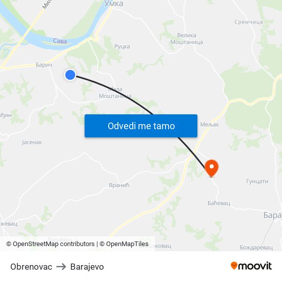 Obrenovac to Barajevo map