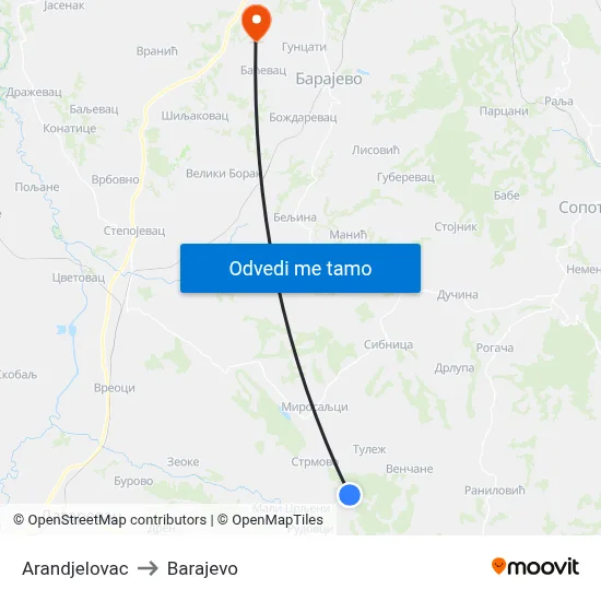 Arandjelovac to Barajevo map