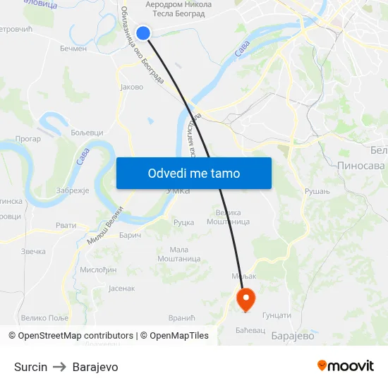 Surcin to Barajevo map