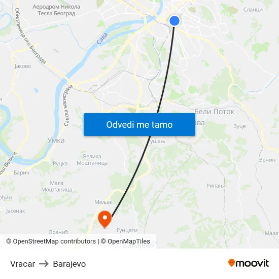 Vracar to Barajevo map