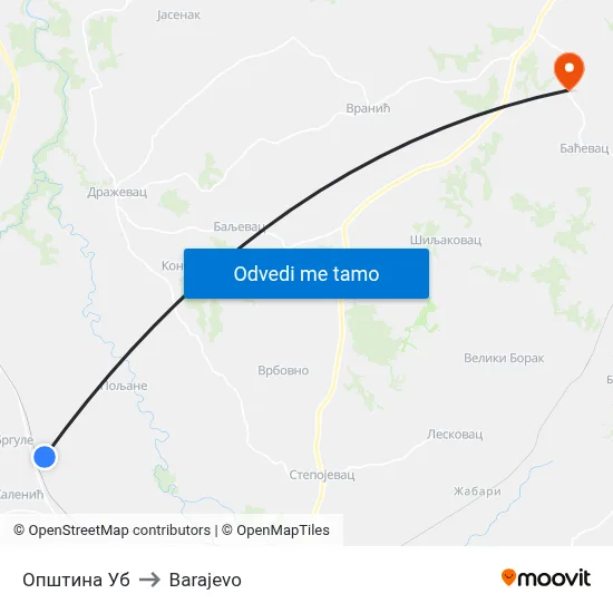 Општина Уб to Barajevo map