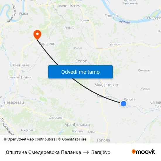 Општина Смедеревска Паланка to Barajevo map