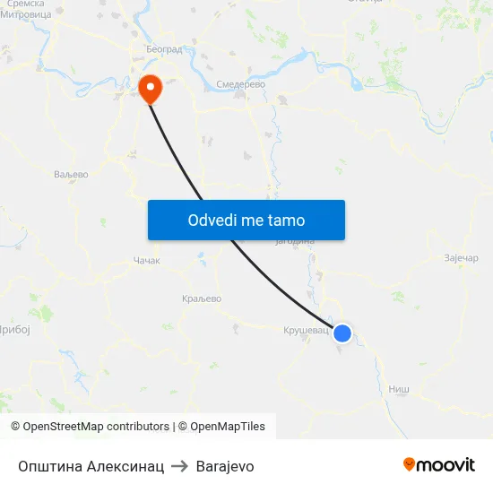Општина Алексинац to Barajevo map