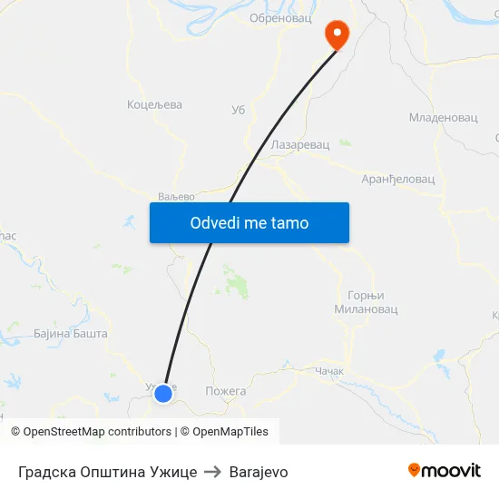 Градска Општина Ужице to Barajevo map