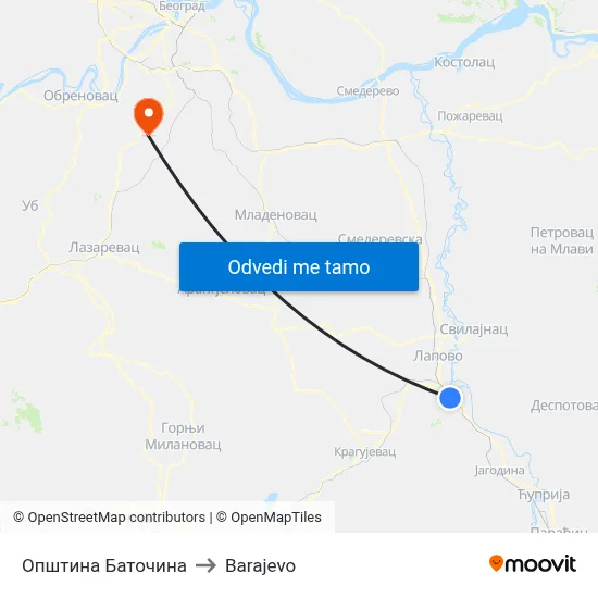 Општина Баточина to Barajevo map