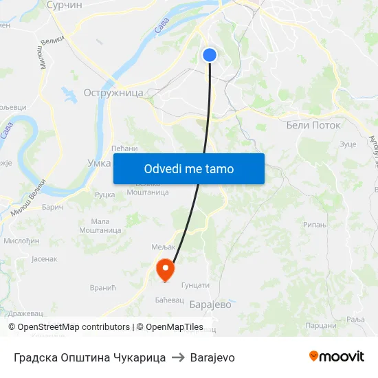 Градска Општина Чукарица to Barajevo map