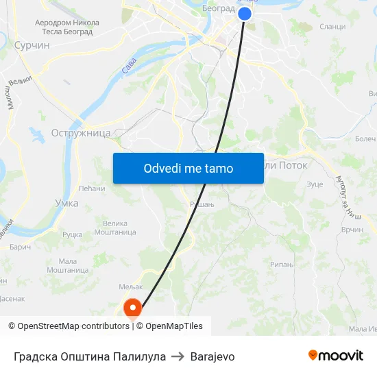 Градска Општина Палилула to Barajevo map