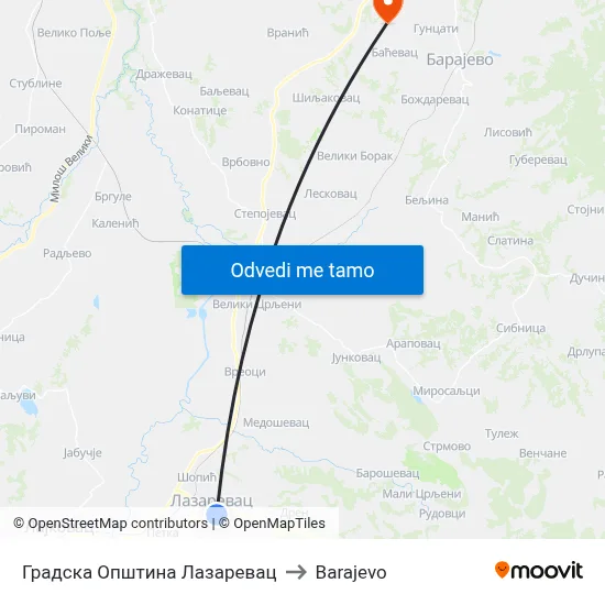 Градска Општина Лазаревац to Barajevo map