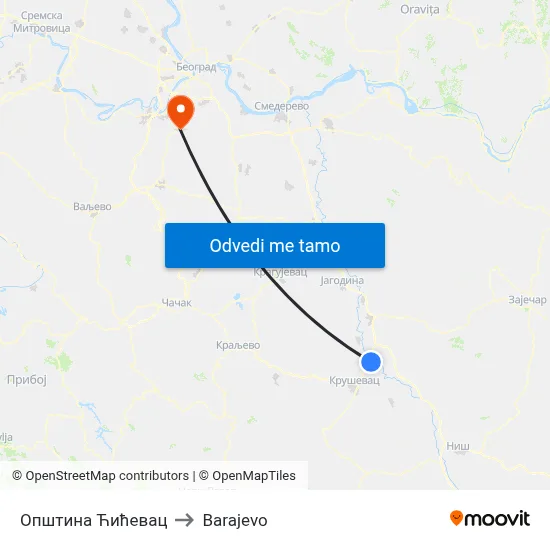 Општина Ћићевац to Barajevo map