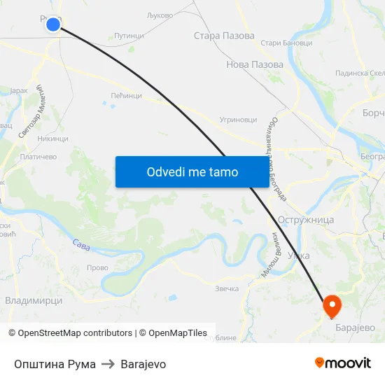 Општина Рума to Barajevo map