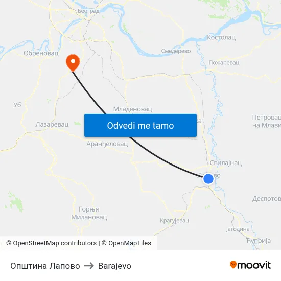 Општина Лапово to Barajevo map