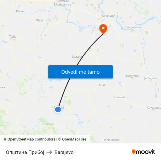 Општина Прибој to Barajevo map