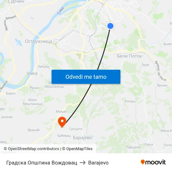 Градска Општина Вождовац to Barajevo map