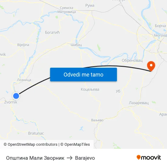 Општина Мали Зворник to Barajevo map