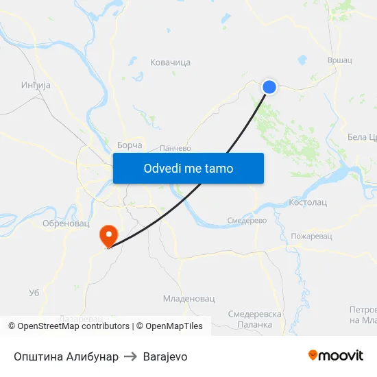 Општина Алибунар to Barajevo map