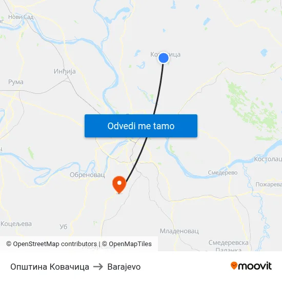 Општина Ковачица to Barajevo map