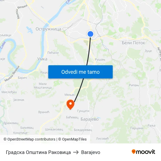 Градска Општина Раковица to Barajevo map