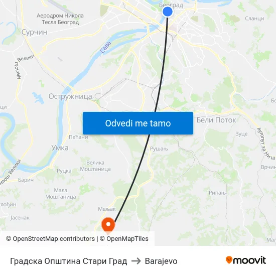 Градска Општина Стари Град to Barajevo map