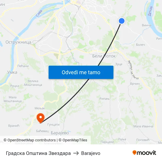 Градска Општина Звездара to Barajevo map