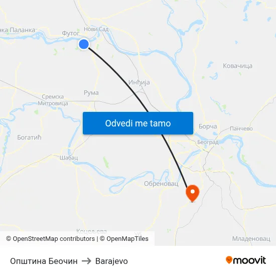 Општина Беочин to Barajevo map