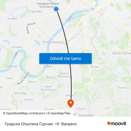 Градска Општина Сурчин to Barajevo map