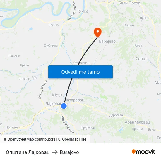 Општина Лајковац to Barajevo map