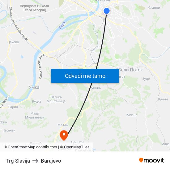 Trg Slavija to Barajevo map