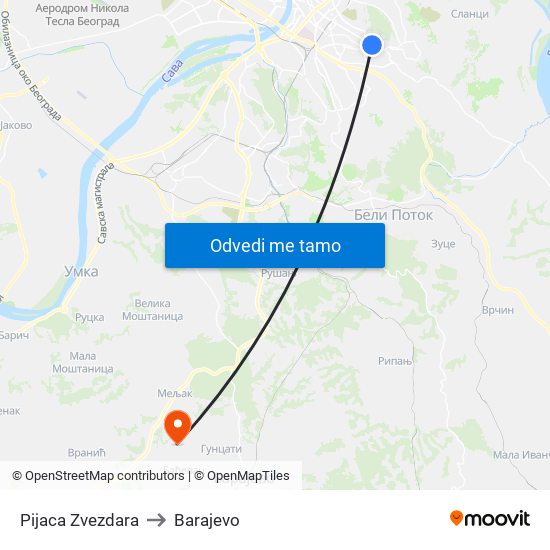 Pijaca Zvezdara to Barajevo map