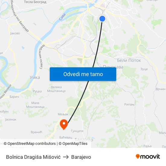 Bolnica Dragiša Mišović to Barajevo map