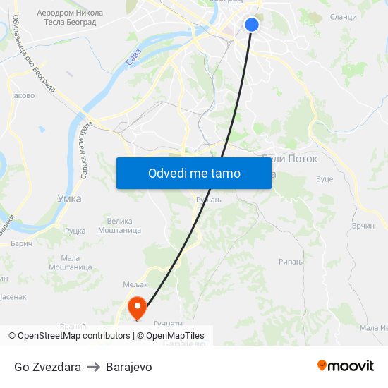 Go Zvezdara to Barajevo map